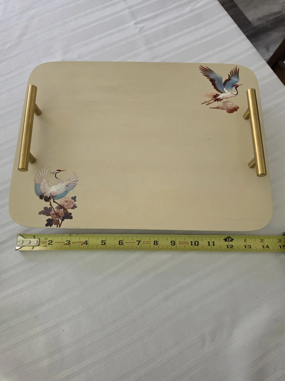 Wooden serving tray Japanese-style cranes Modern brushed-gold T-bar Handles